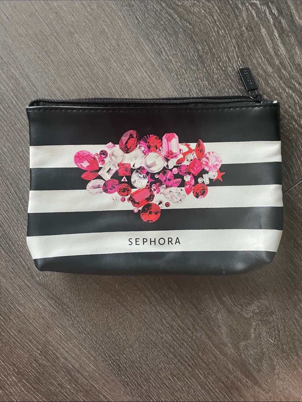 Sephora Black & White Stripe Cosmetic Pouch with Pink Gem Cluster